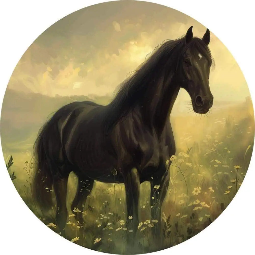 Okrągła Fototapeta Czarny Koń w Złotej Godzinie.
