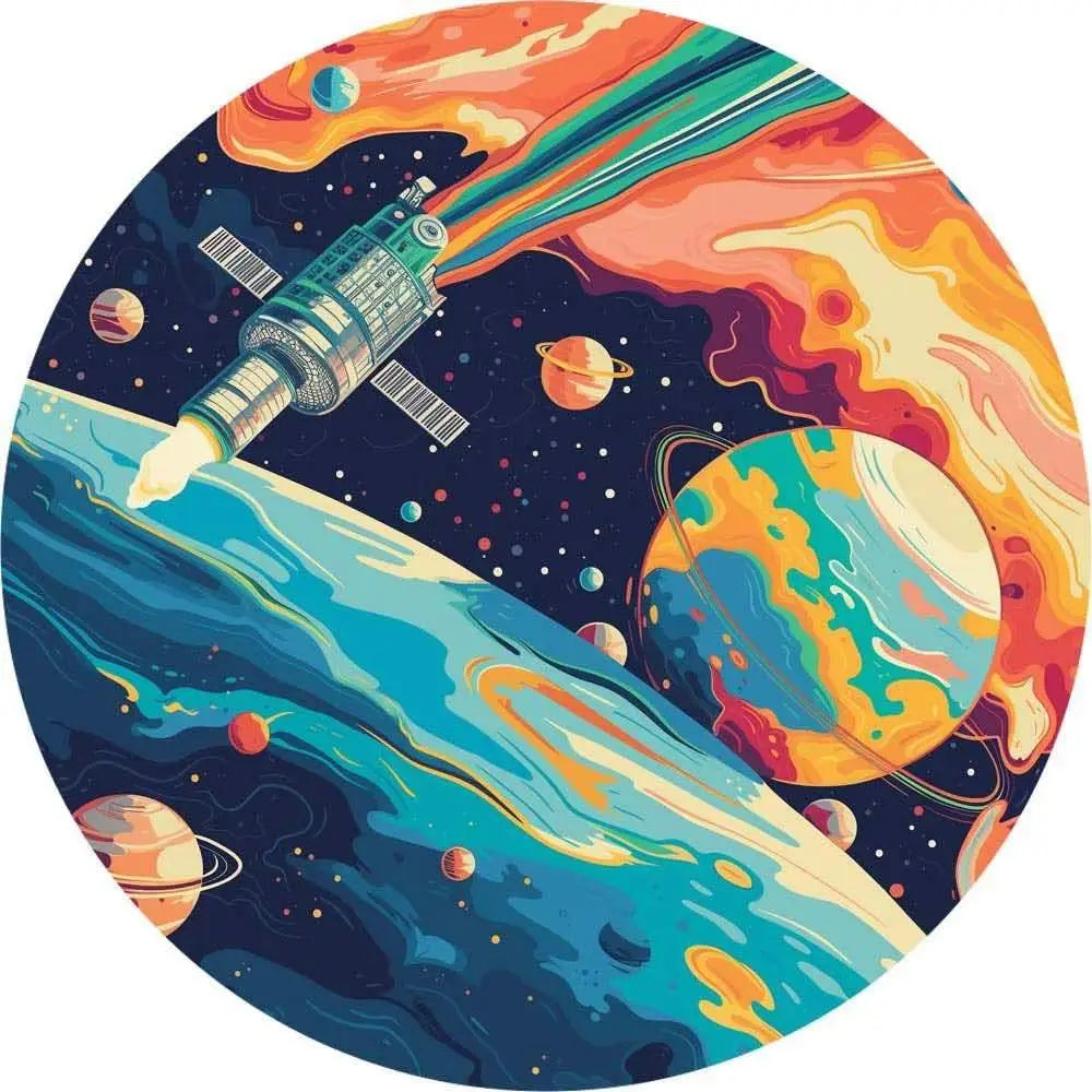 Kolorowa fototapeta kosmiczna z okrągłą ilustracją satelity i turkusowym księżycem