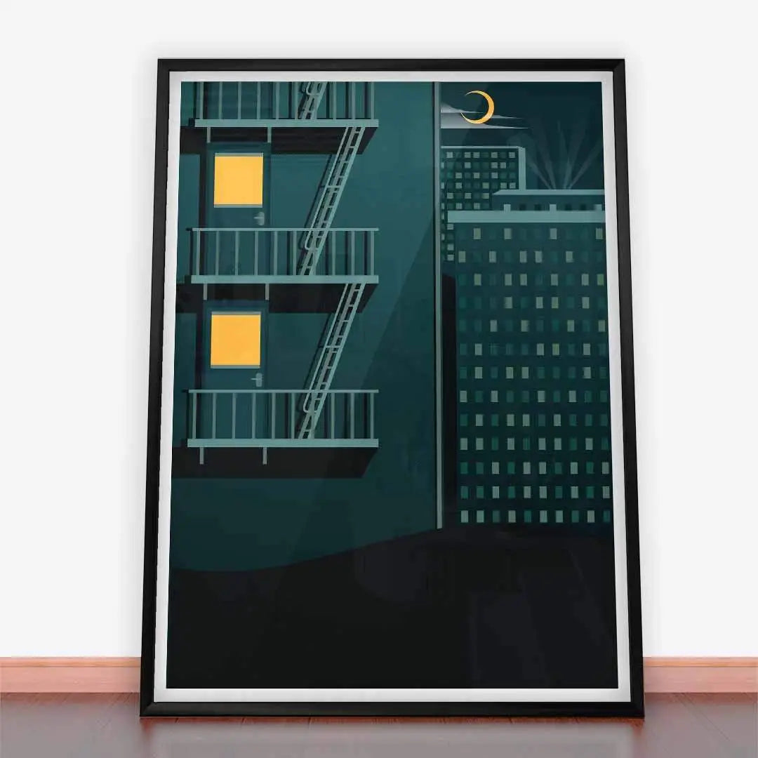 Plakat Artdeco schody przeciwpożarowe nocą.