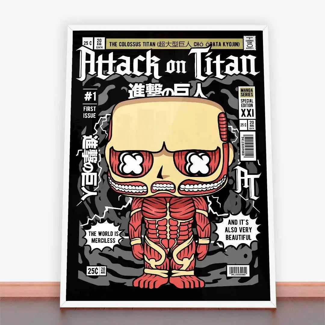 Plakat Colossal Titan z okładką komiksu Attack on Titan w ramie plakatowej