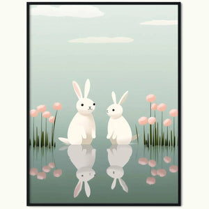 Plakat Dwa Króliki wśród Kwiatów.