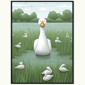 Plakat Gęś z Młodymi w Stawie.