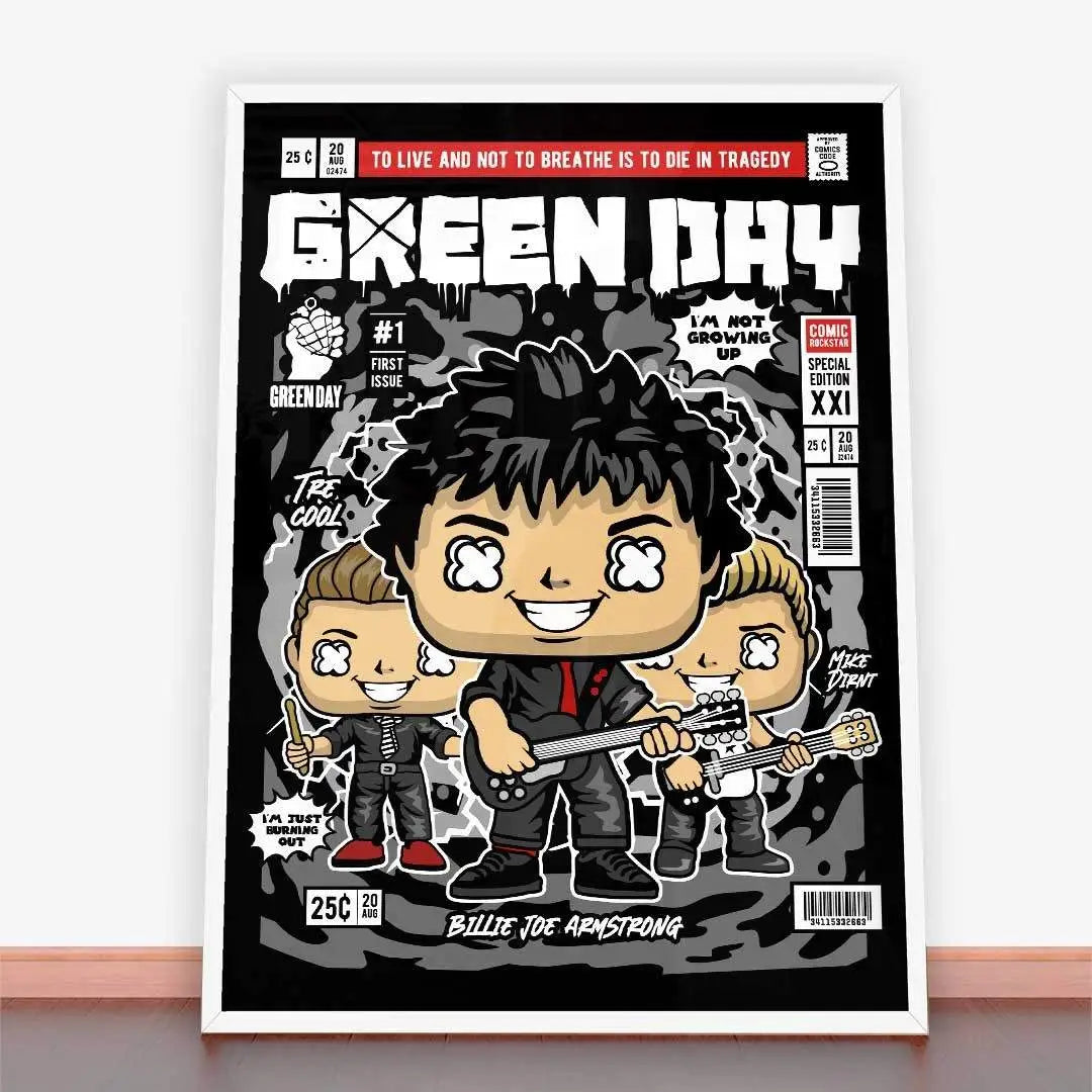 Framowana okładka komiksu Green Day z Billie Joe, Mike Dirnt i Tré Cool