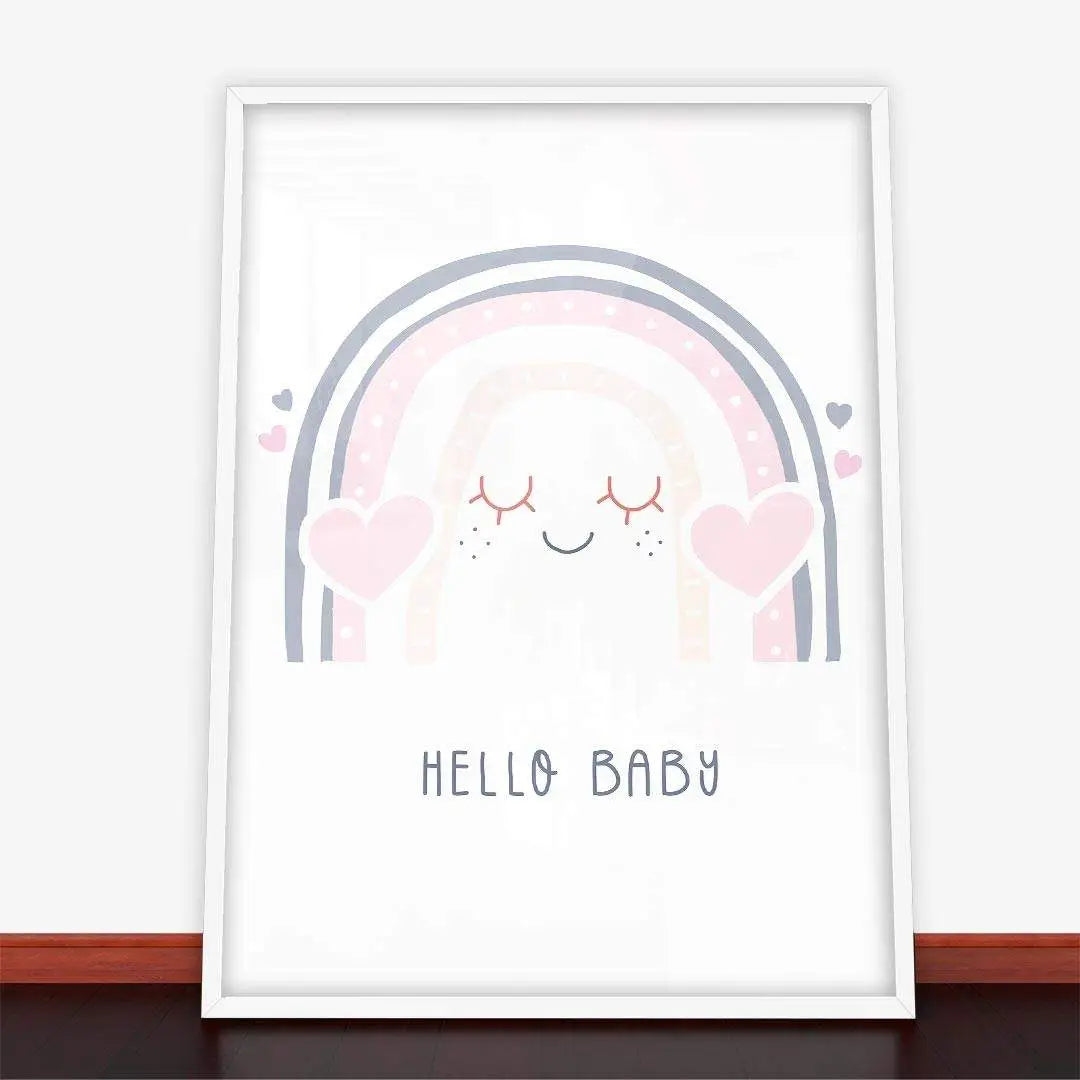 Plakat Hello Baby z ramką, przedstawiający kolorową tęczę dla dzieci