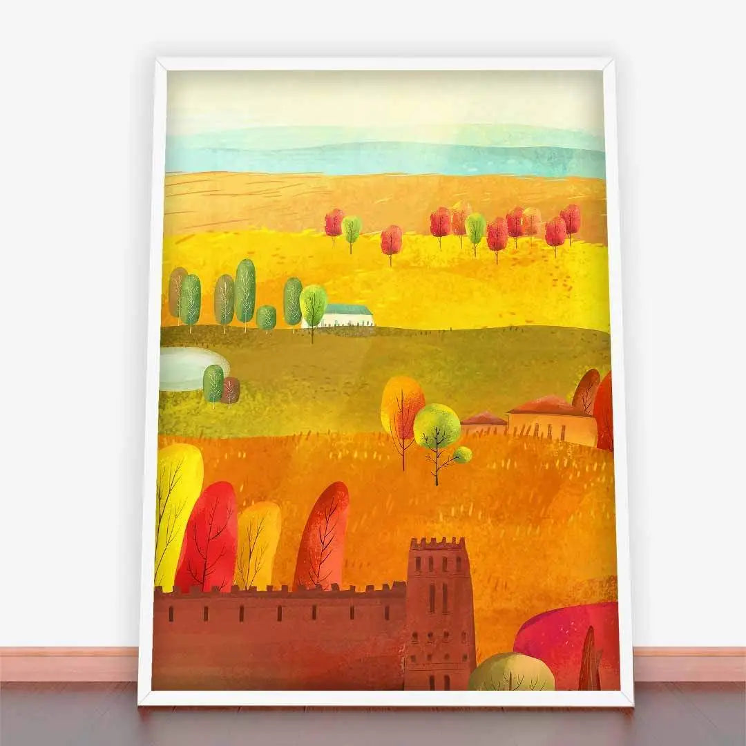 Framed autumn landscape painting from Plakat jesienne łąki on papierze posterowym