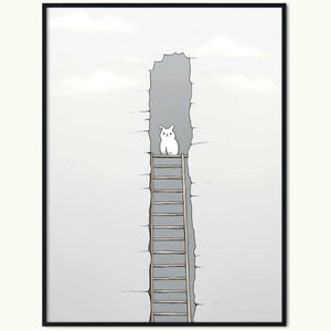 Framed cartoon of a cat on a ladder in Plakat Królik na Drabinie design