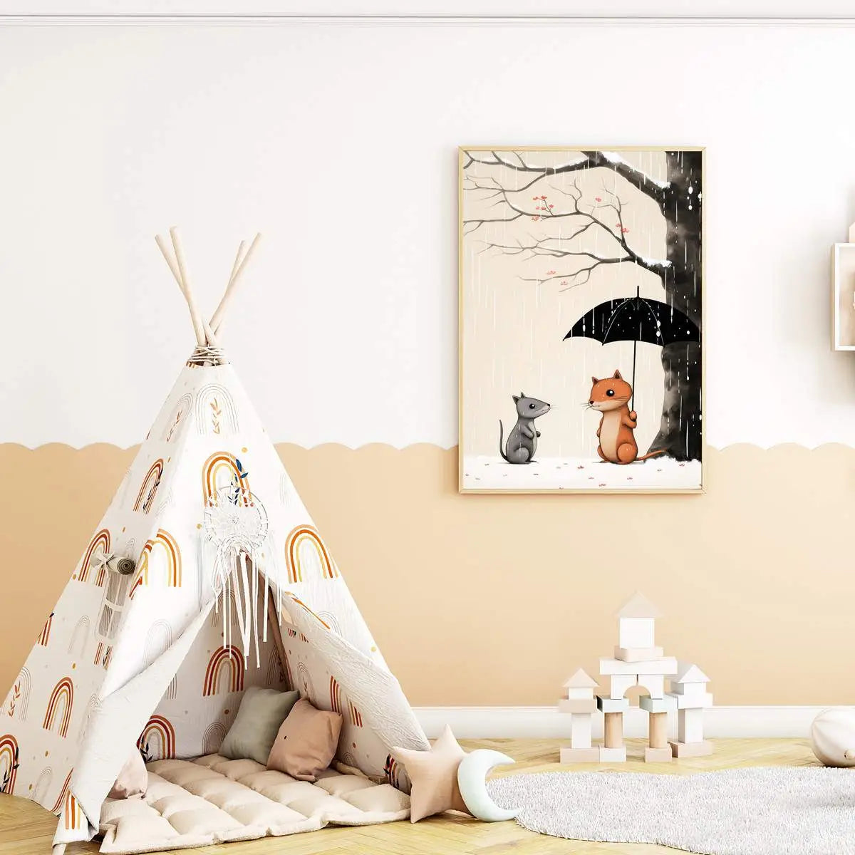 Plakat Leśne Zwierzątka w Deszczu.