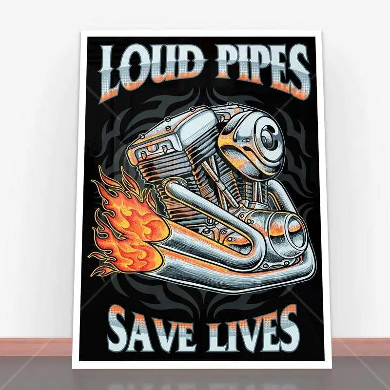 Plakat Load Pipes Save Live z silnikiem motocykla w ramę plakatową na ścianę