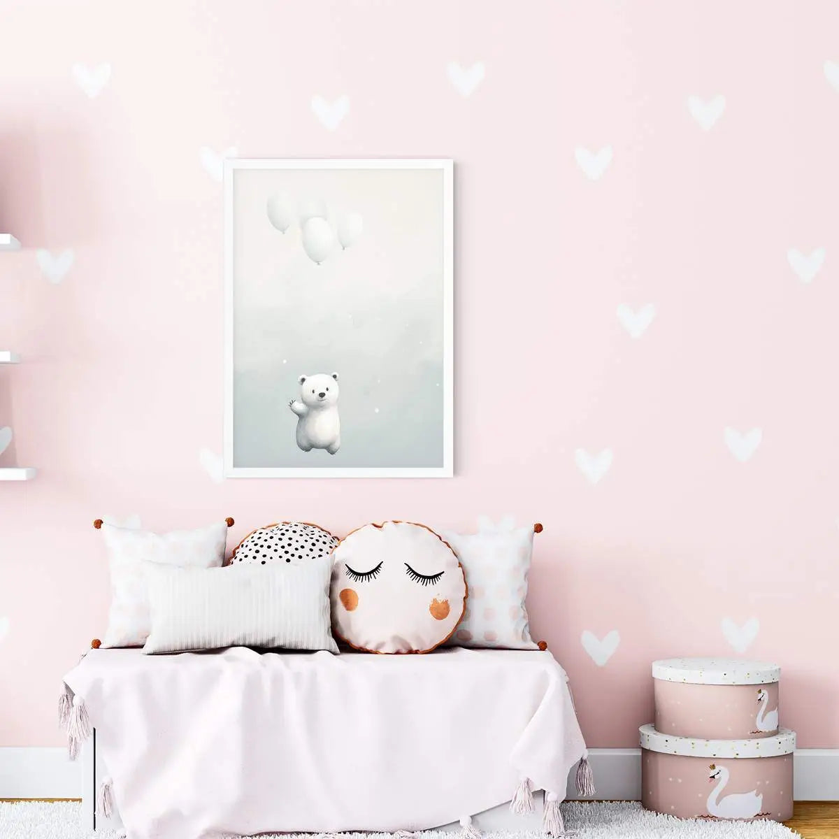 Plakat Mały Niedźwiadek Polarny z Balonami.
