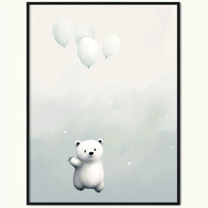 Plakat Mały Niedźwiadek Polarny z Balonami.