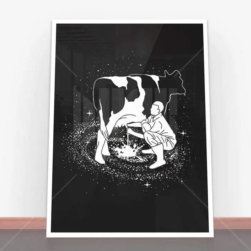 Framed black and white cow milking art from Plakat Milky Way, ideal for plakaty czarno-białe