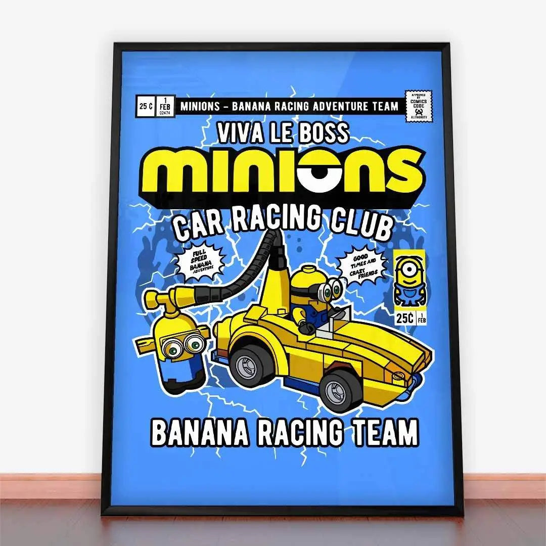 Plakat Minions Banana Racing Car.