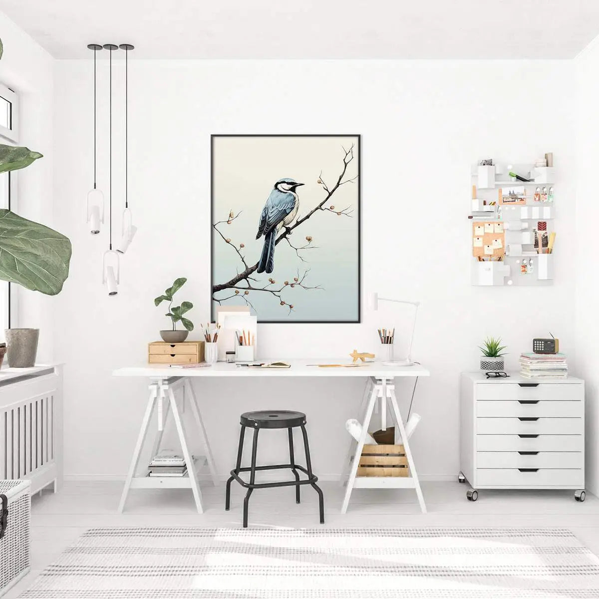 Framowany plakat Modrosójka Błękitna na gałęzi jako dekoracja wnętrza