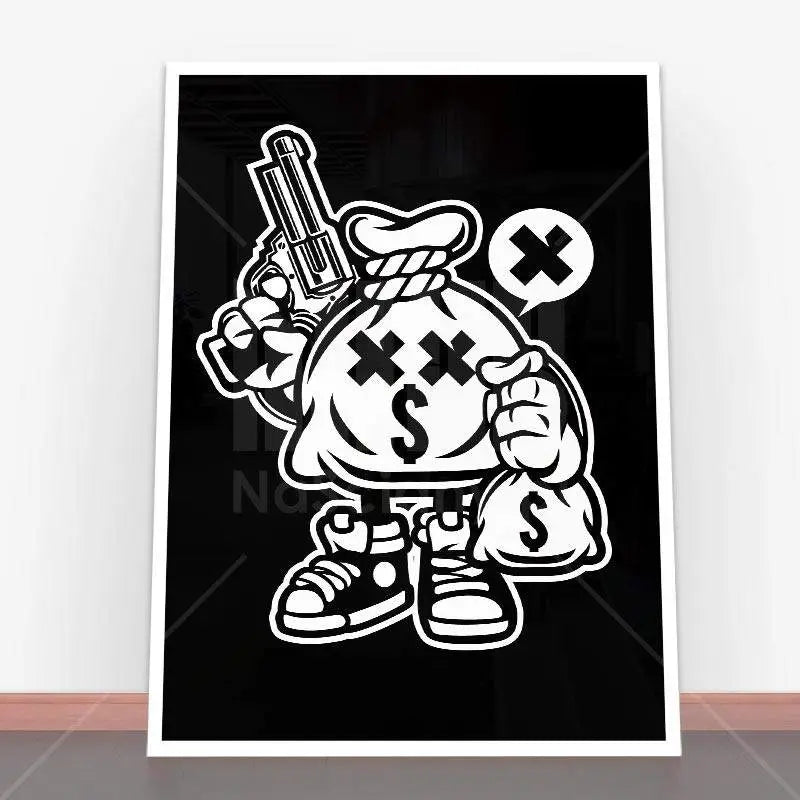 Czarnobiały rysunek postaci woreczka z pieniędzmi w plakacie Money Takers