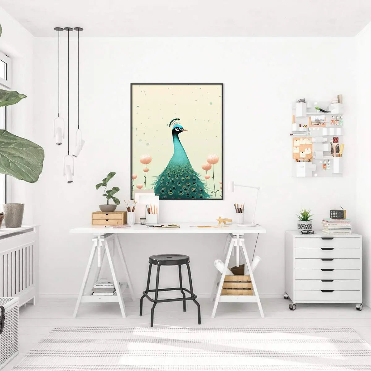 Ilustracja pawia w ramie, idealny plakat paw do każdego wnętrza