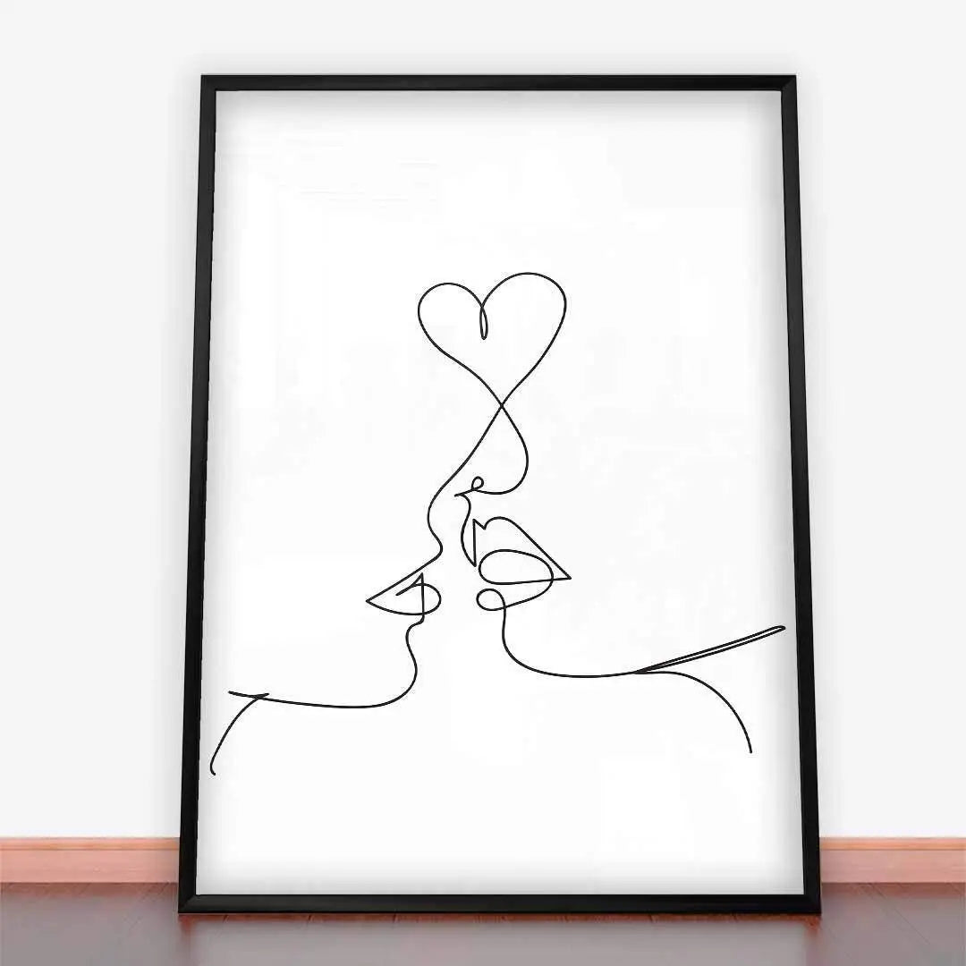 Plakat pocałunek w stylu line art.