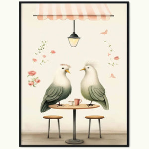 Styl rysunkowy plakat ptaszki w kawiarni z urokliwym ptasim motywem