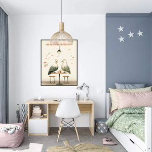 Styl rysunkowy plakatu Ptaszki w Kawiarni w dziecięcym pokoju