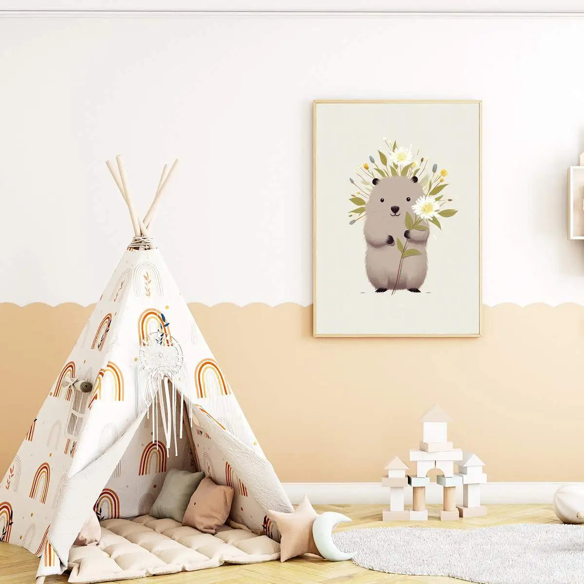 Pokój twojego dziecka z teepee i plakat Wombat i Kwiaty na ścianie
