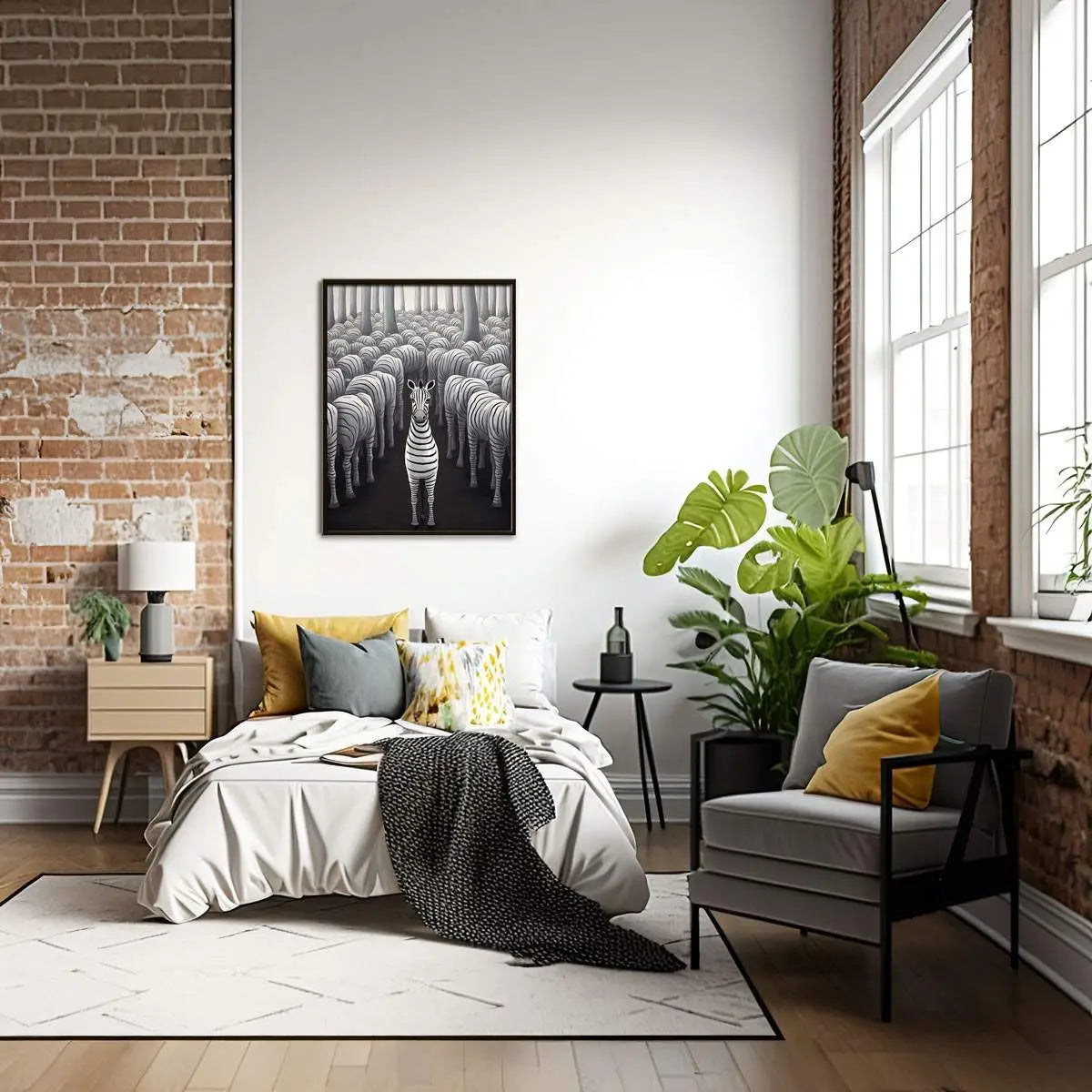 Stylowe wnętrze sypialni z plakatem zebry w czarno-białej kolorystyce