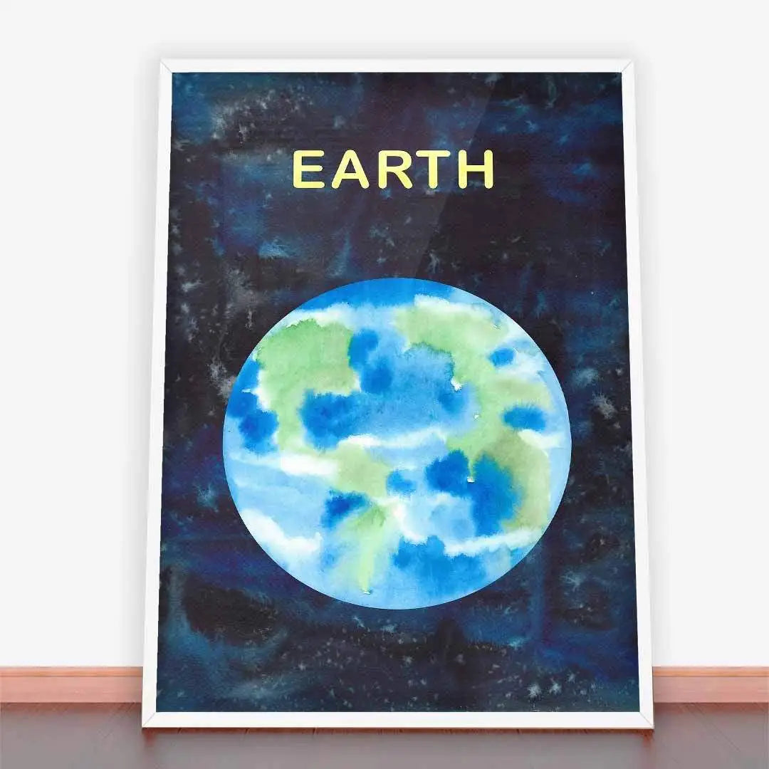 Framed watercolor Earth painting ideal for Plakat Ziemia and młodzieżowe plakaty