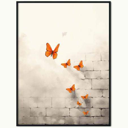Plakat Ceglana Ściana i Pomarańczowe Motyle