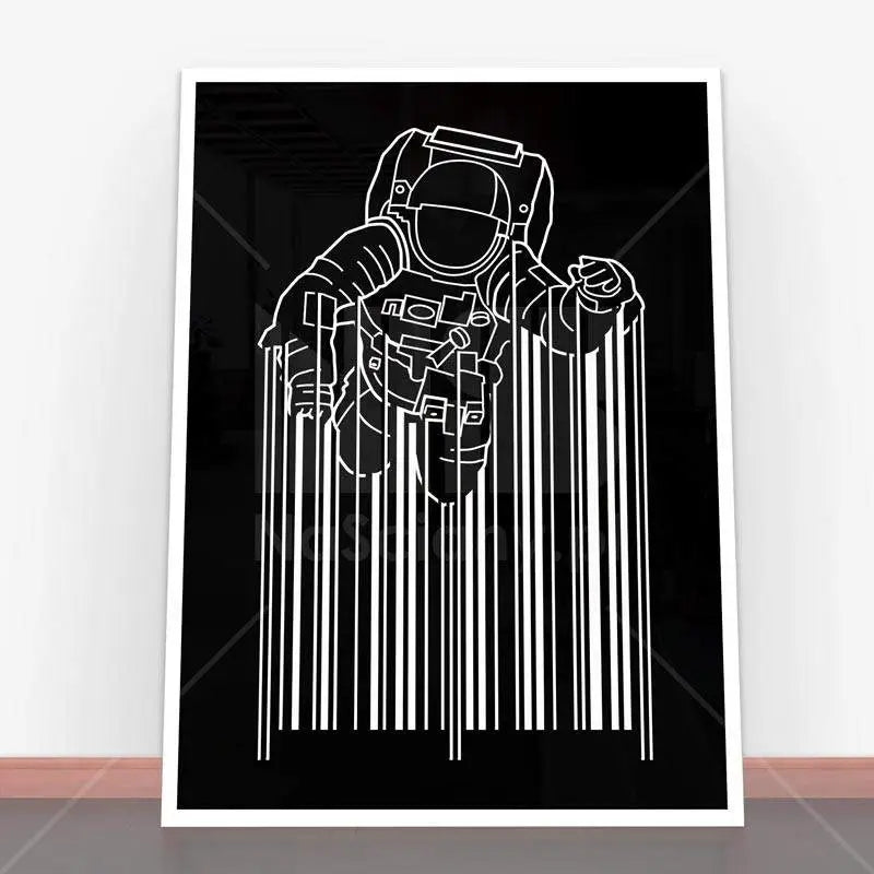 Framed astronaut barcode art in Plakat Astrocode for stylish plakaty czarno-białe
