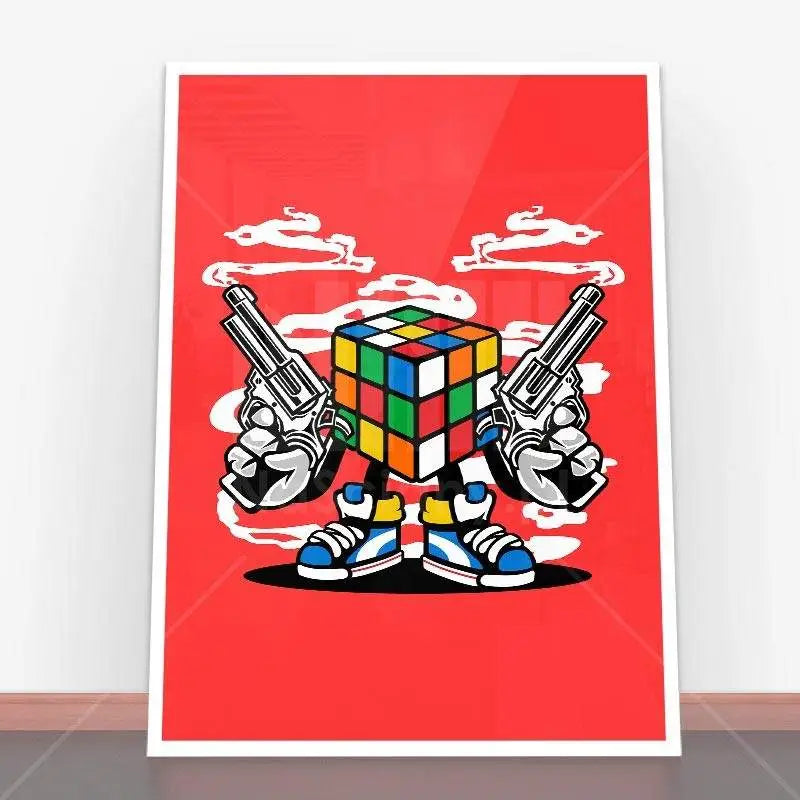 Rubik’s cube cartoon character with guns in Plakat Rubix Killer for young art decor